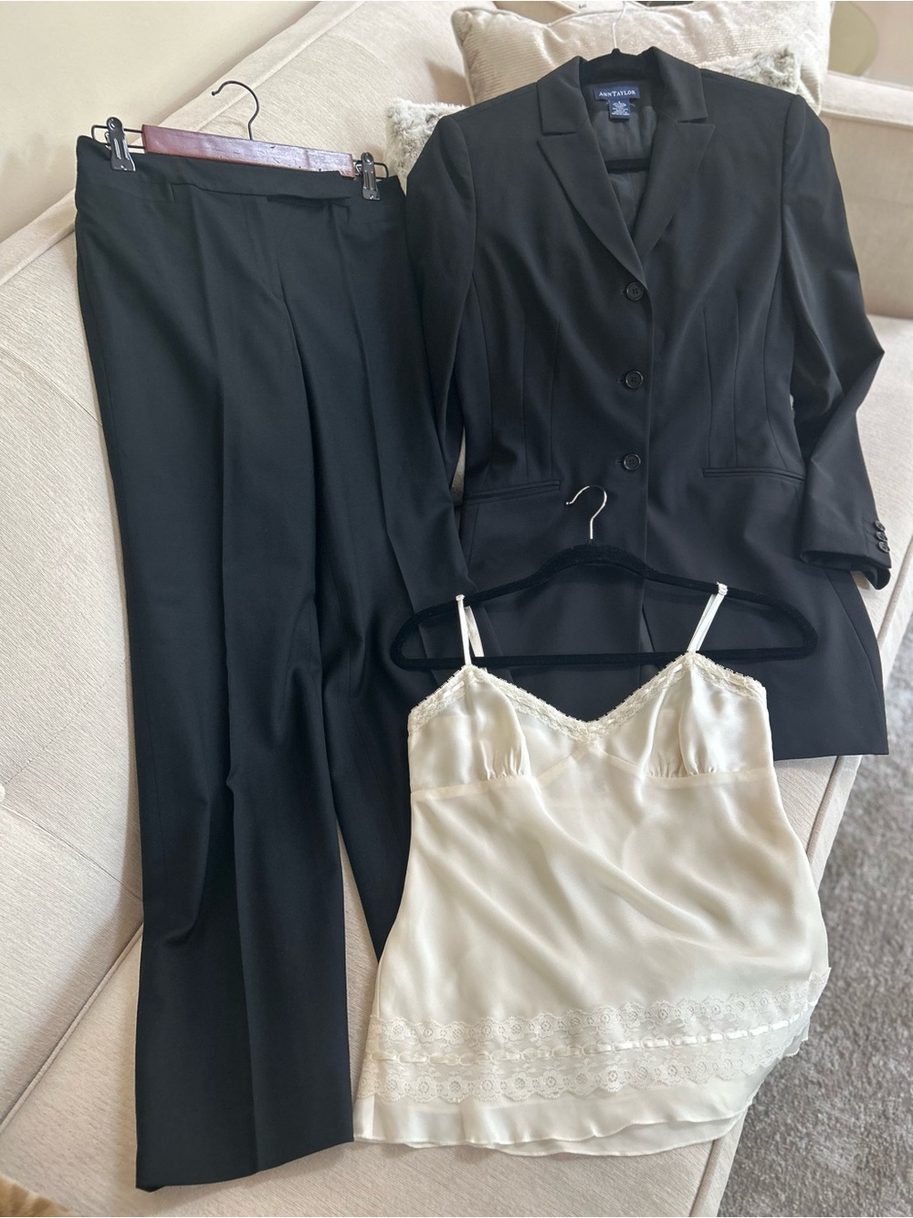 Ann Taylor Black Blazer & Trousers with Cream Lace Cami